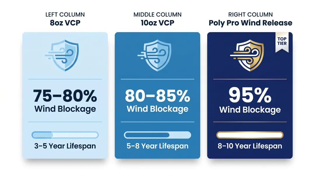 Windscreen material comparison chart showing wind blockage lifespan and durability specs