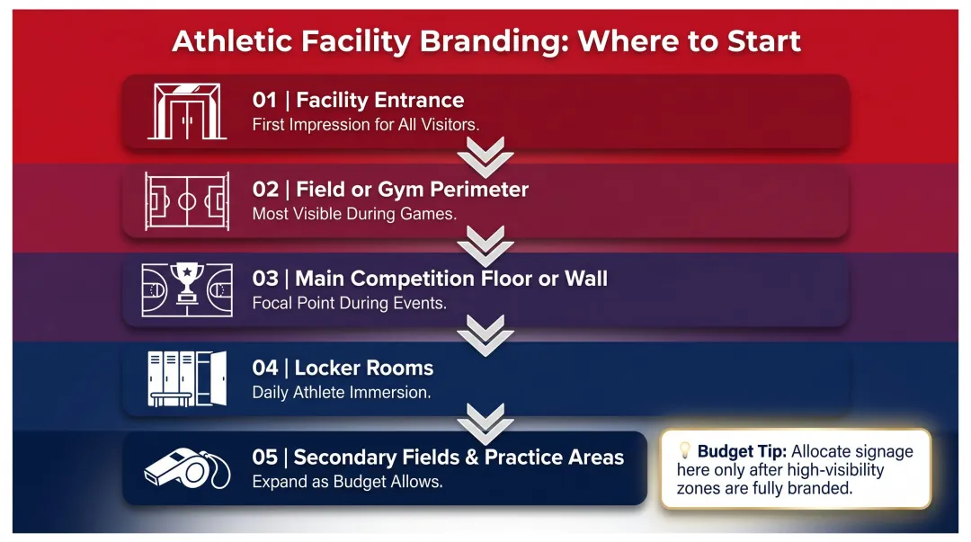 5-step athletic facility branding prioritization framework from entrance to practice areas