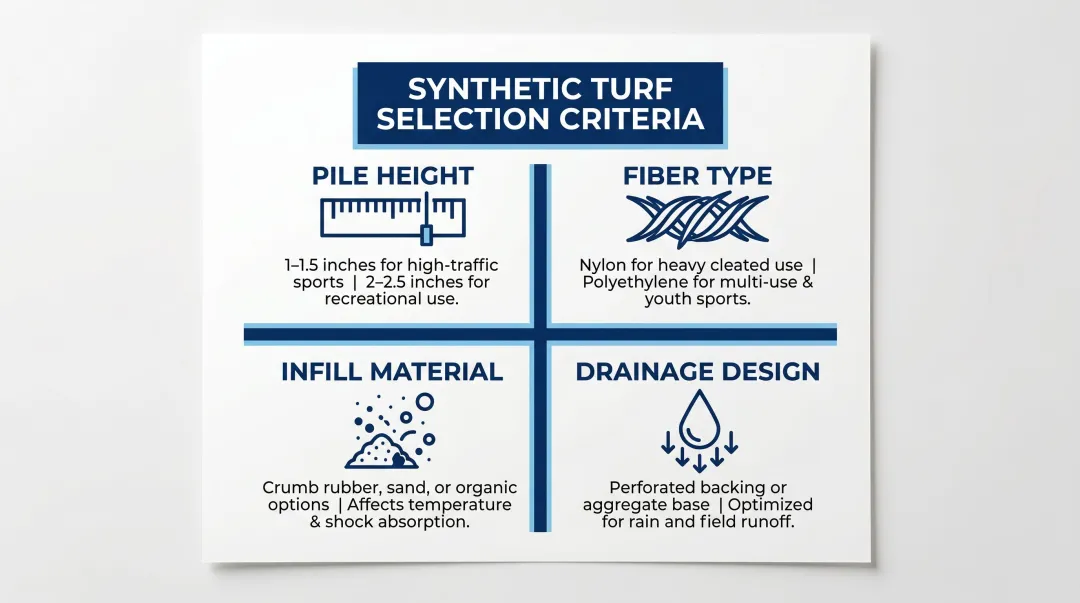 Four key synthetic turf selection factors pile height fiber type infill drainage design