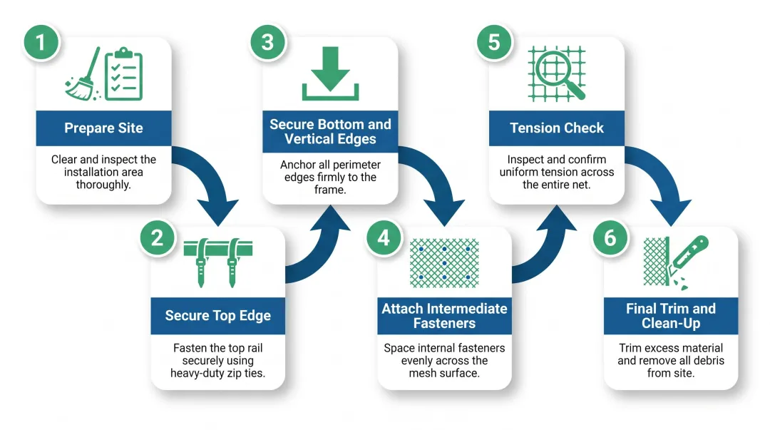 6-step fence windscreen installation process flow from site prep to final trim