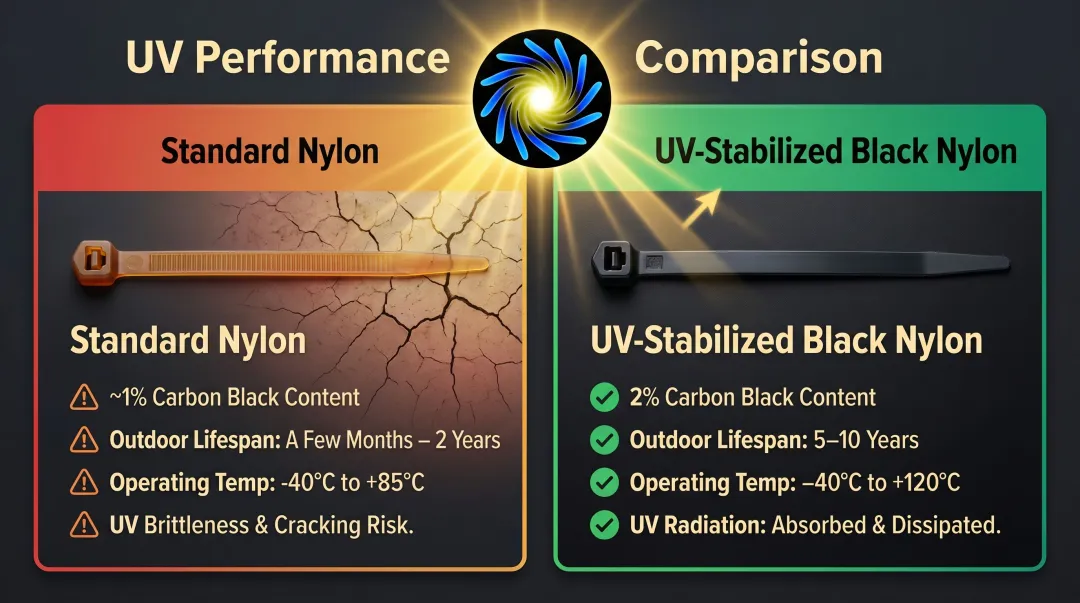 Standard versus UV-stabilized nylon zip tie outdoor lifespan comparison infographic