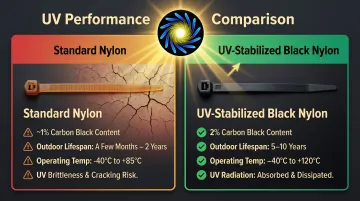 Standard versus UV-stabilized nylon zip tie outdoor lifespan comparison infographic