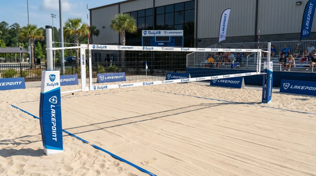 The Windscreen Factory custom branded volleyball net installation at outdoor sports facility