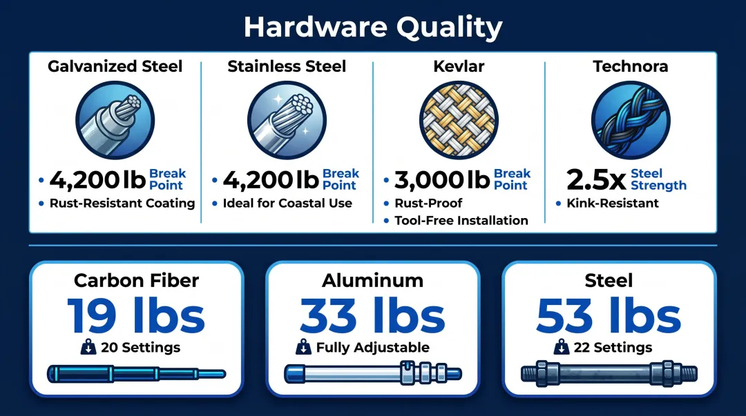 Volleyball net cable and pole materials comparison chart with break strength and weight specifications