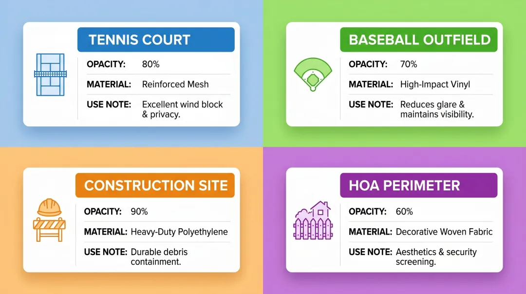 Windscreen application guide showing opacity and material selection by facility type