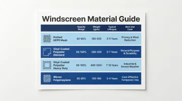 Outdoor windscreen material comparison chart showing opacity lifespan and best use cases