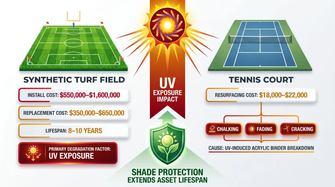 Outdoor sports facility surface replacement costs and UV degradation impact comparison