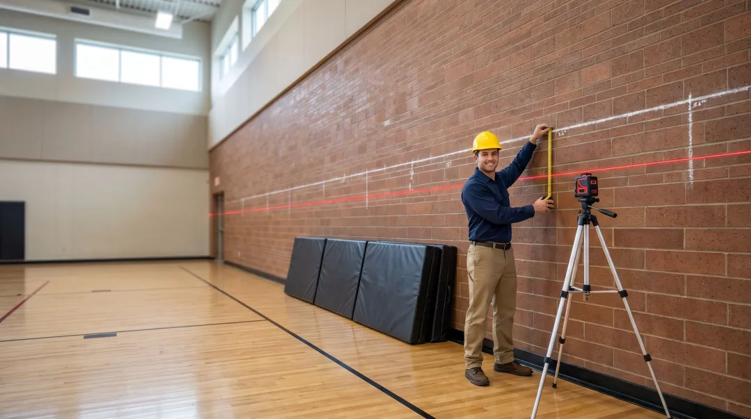 Professional installer measuring gymnasium wall before gym padding installation project