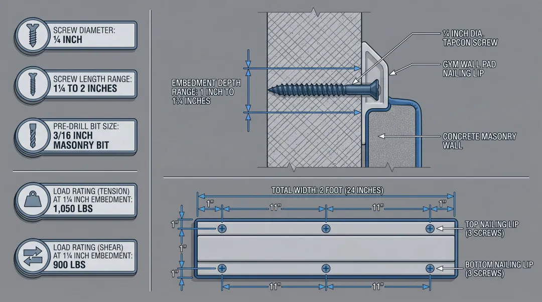 Tapcon screw gym wall pad installation specs load ratings and fastener pattern diagram