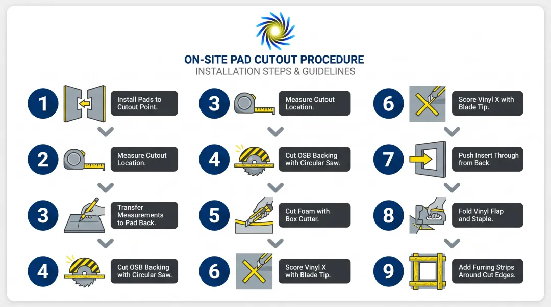 9-step gym wall pad cutout installation process flow for outlets and fire stations