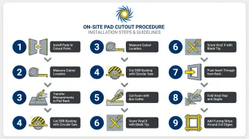 9-step gym wall pad cutout installation process flow for outlets and fire stations