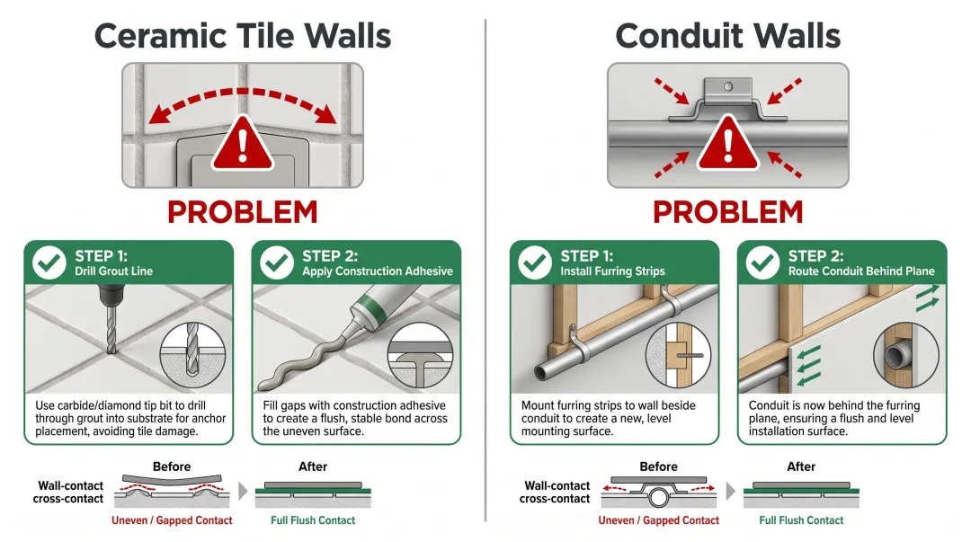Gym wall padding flush mounting fixes for ceramic tile and conduit wall surfaces comparison