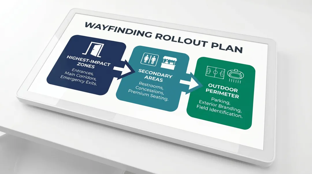 Three-phase sports venue wayfinding implementation plan process flow infographic