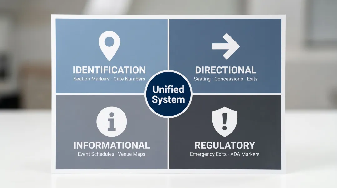 Four core types of sports venue signage functions and examples infographic