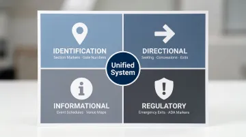 Four core types of sports venue signage functions and examples infographic