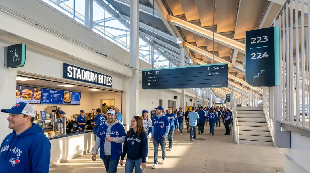 Modern stadium concourse with visible concession stands and branded wayfinding signage