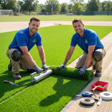 Professional artificial turf installation crew at work