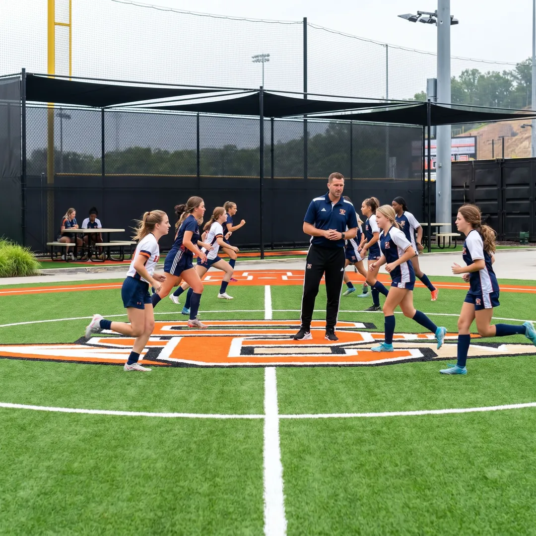 Students using a new artificial turf field