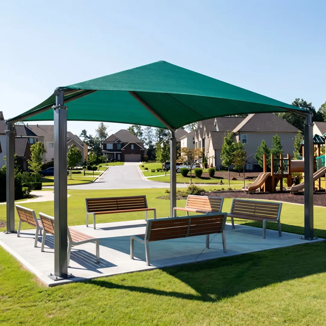 Custom shade canopy over outdoor seating area