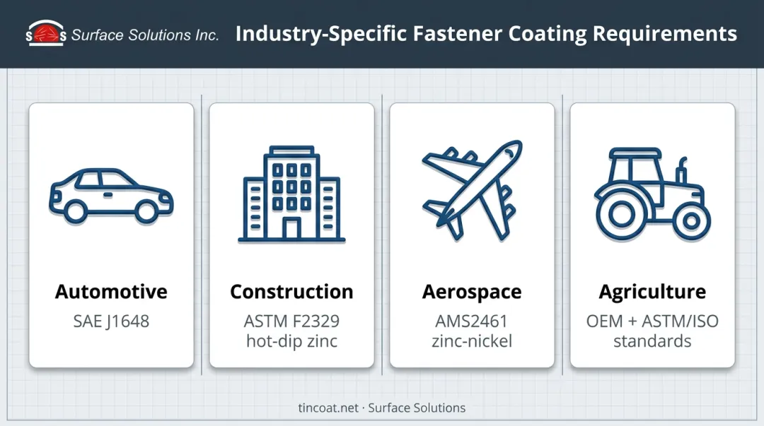 Fastener coating standards comparison across automotive construction aerospace and agriculture industries
