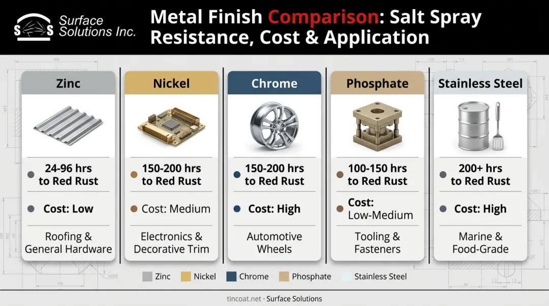 Comparison chart of five fastener coating types by corrosion resistance and cost