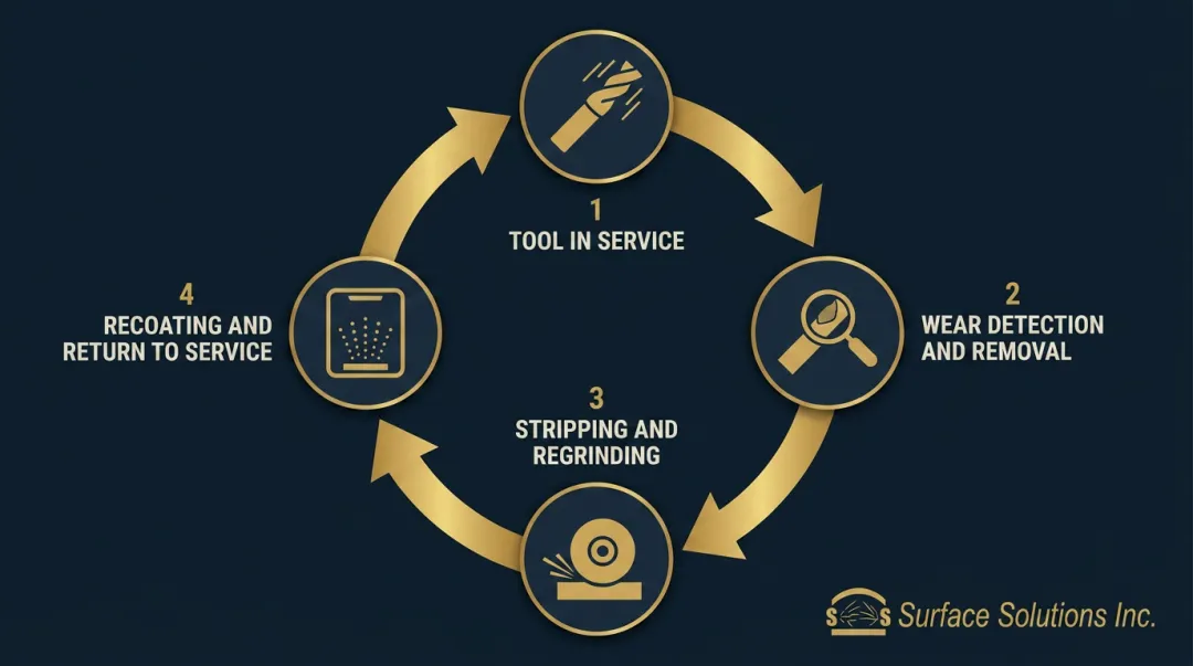 Industrial tool recoating lifecycle showing strip recondition recoat and return to service