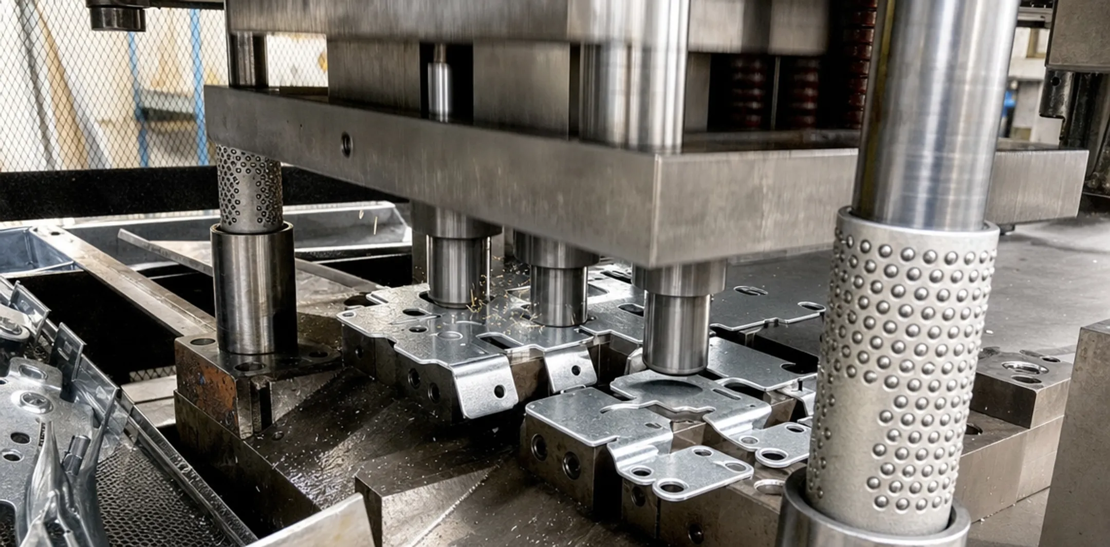 Industrial metal stamping press producing galvanized steel parts
