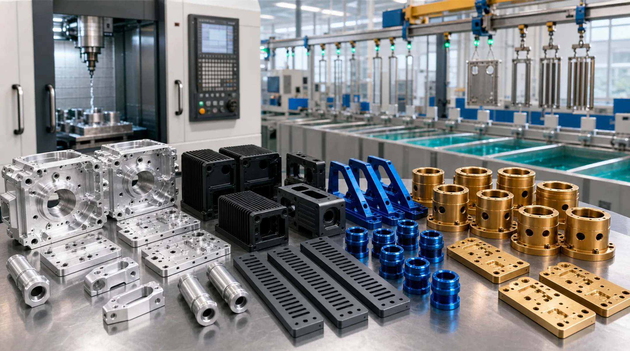 Anodized aluminum parts in various colors on production line