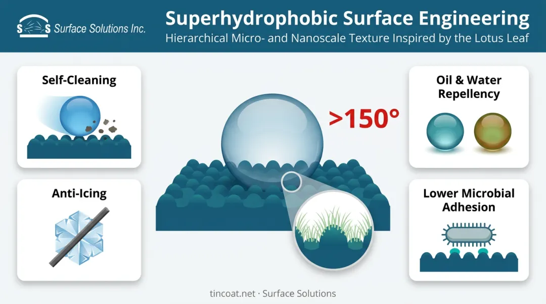 Lotus leaf superhydrophobic surface mechanism and self-cleaning benefits diagram