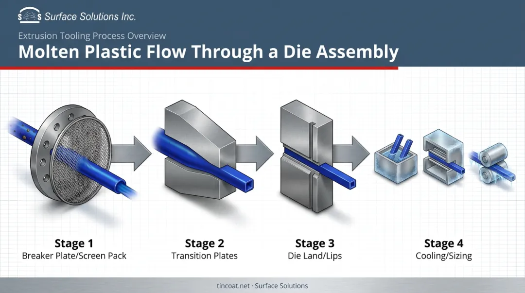 Plastic extrusion die process flow from melt entry to cooling stages