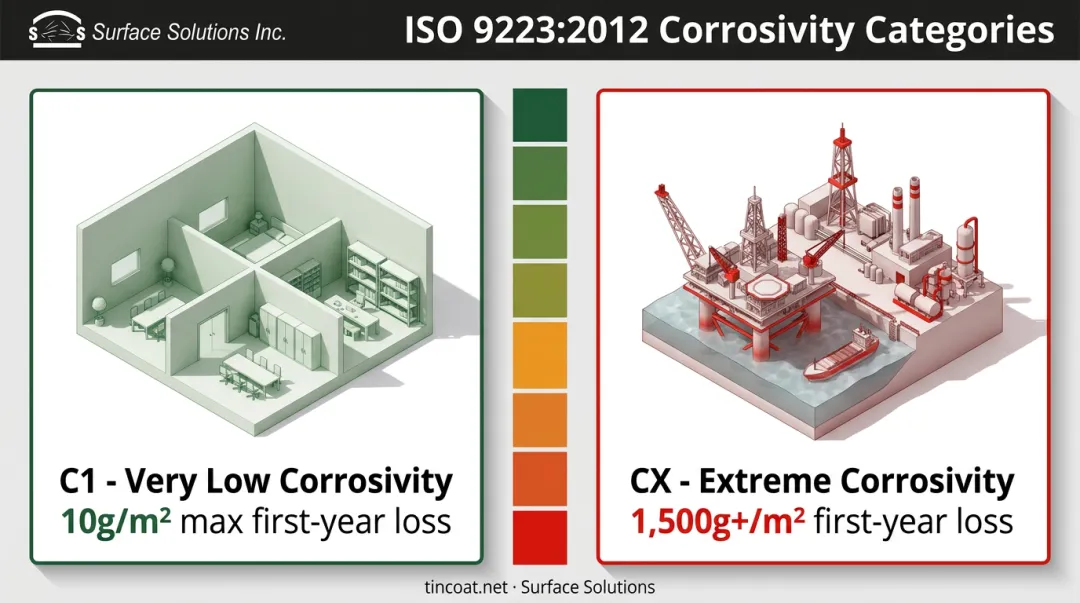 ISO 9223 corrosion severity categories comparing C1 versus CX steel weight loss