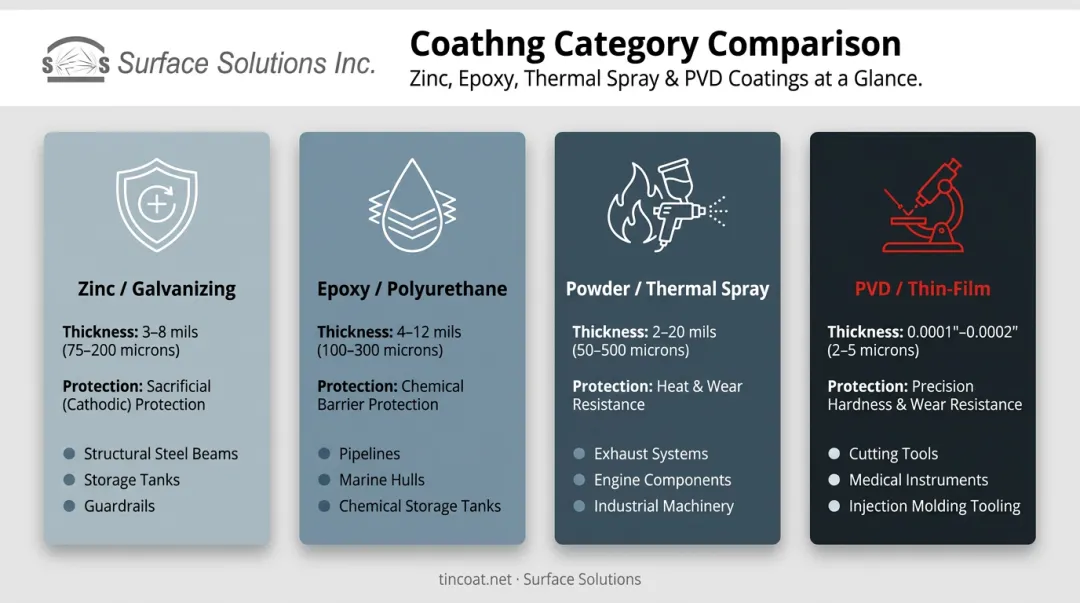 Four steel coating types compared by protection method and application use case