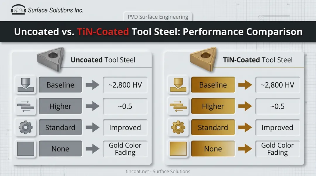 Uncoated versus TiN-coated tool steel performance comparison chart infographic