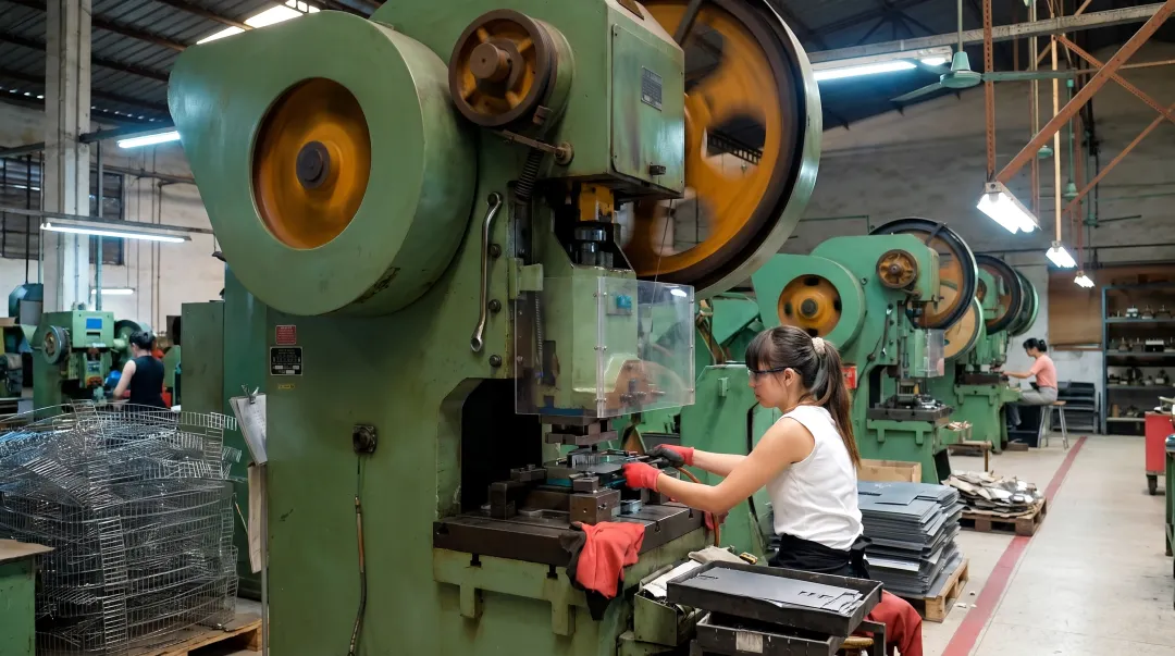 Industrial stamping press with TiN-coated punches in high-volume production