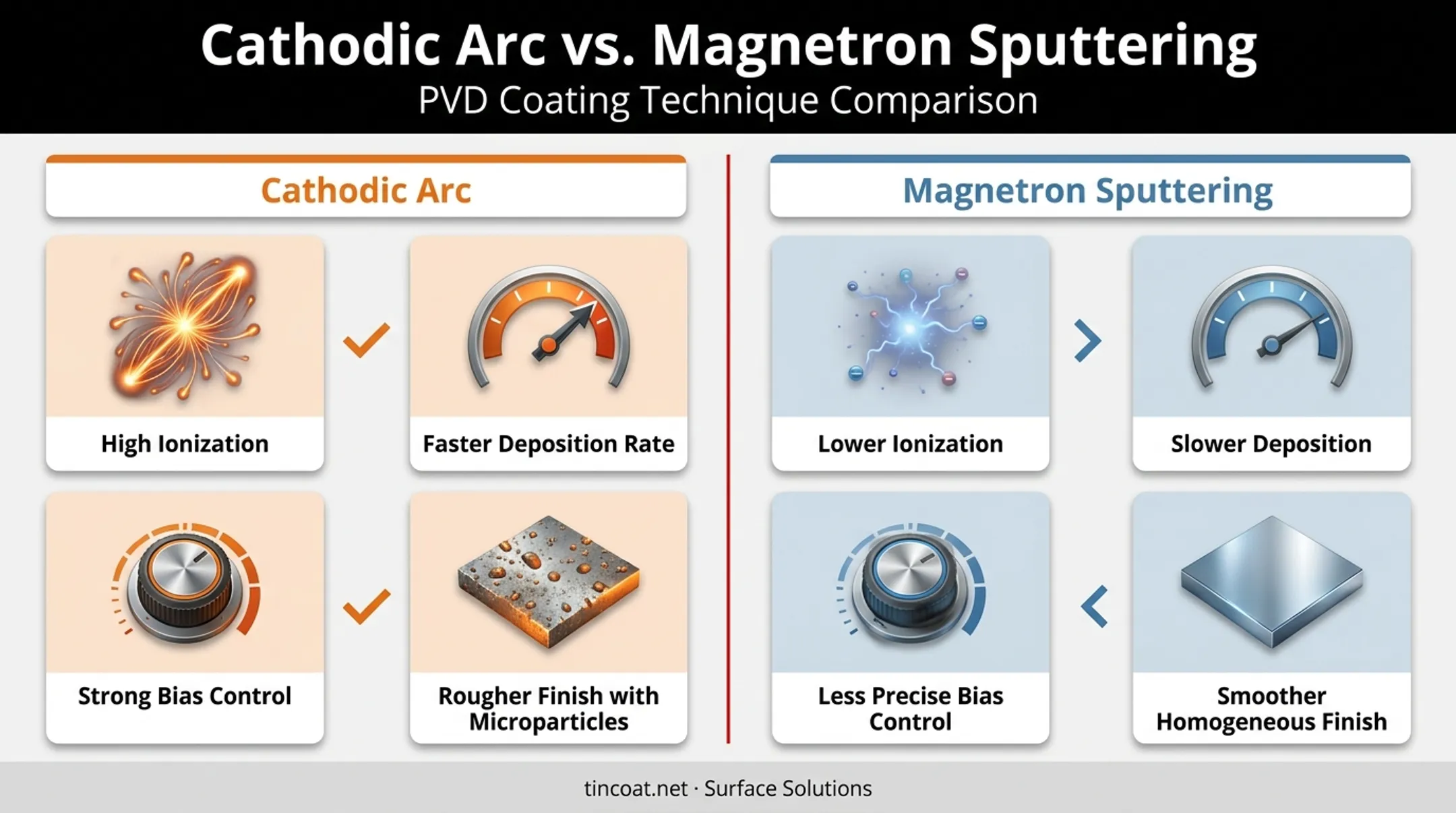 Cathodic arc versus magnetron sputtering PVD technique comparison chart