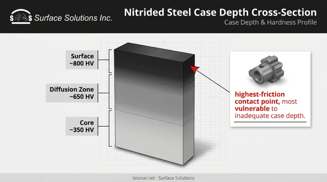 Nitride case depth cross-section showing surface hardness tapering into core