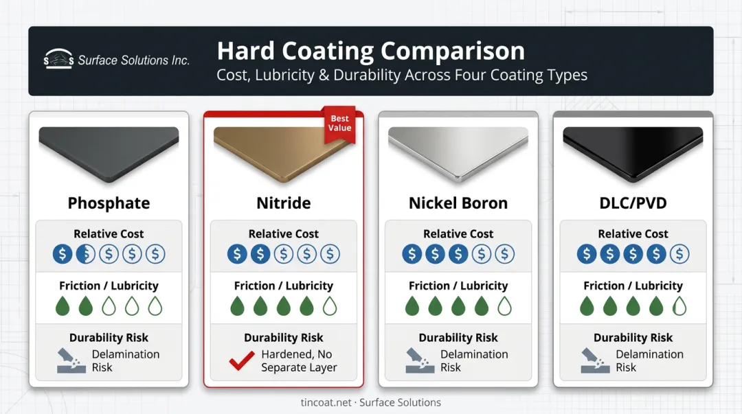 Nitride versus phosphate nickel boron and DLC coating trade-off comparison chart