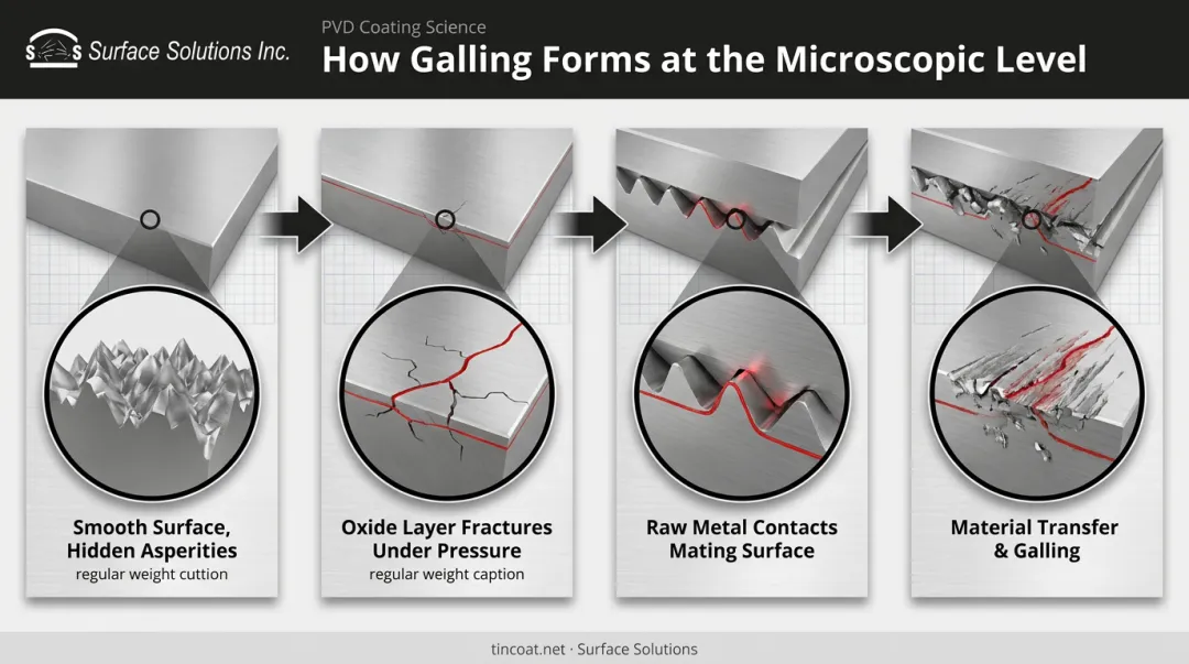 Galling mechanism diagram showing metal surface asperities and adhesive wear