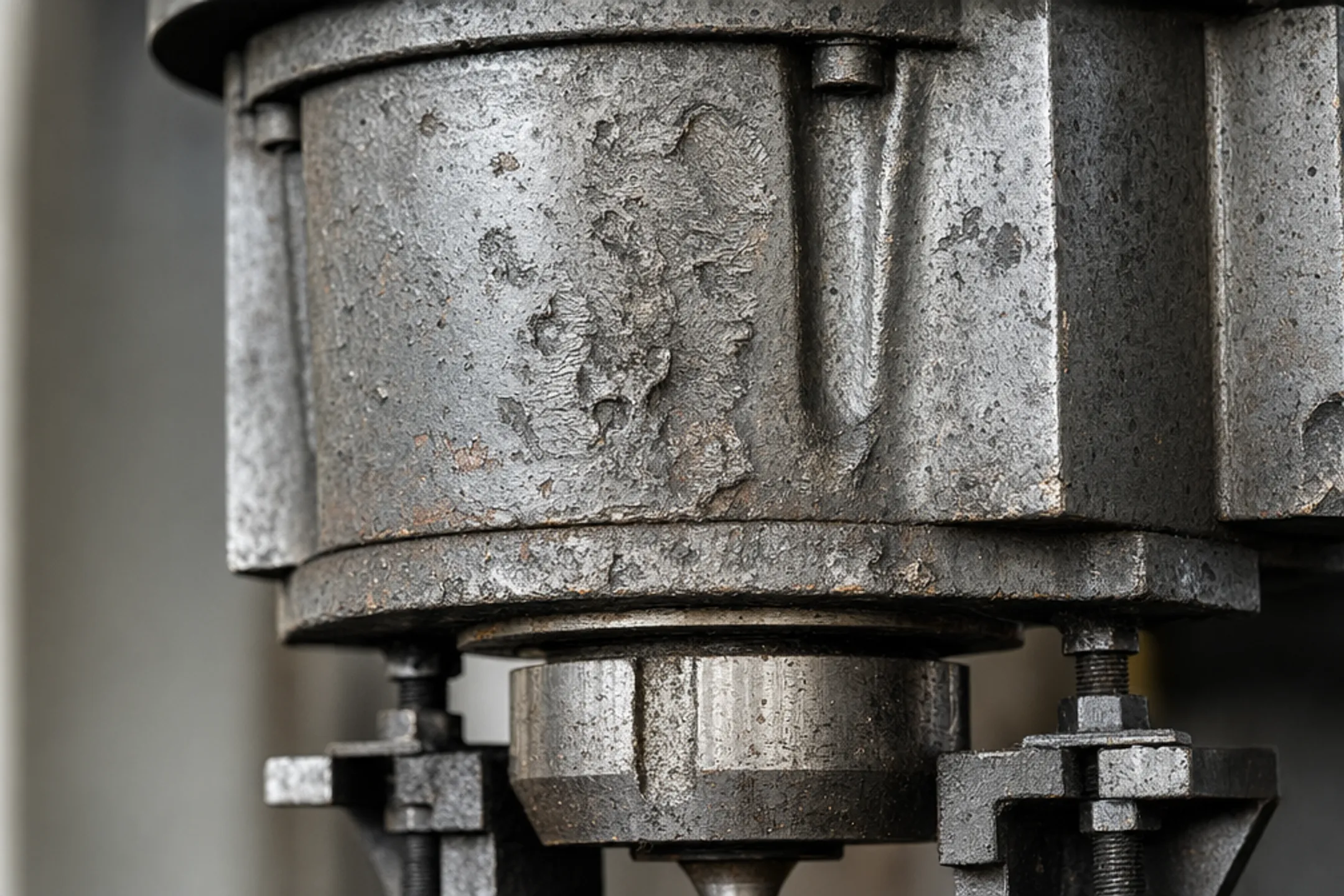 Close-up of galled and corroded metal stamping die surface