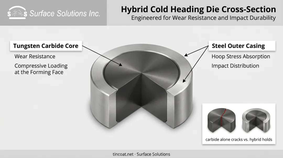 Carbide insert steel casing hybrid cold heading die cross-section design