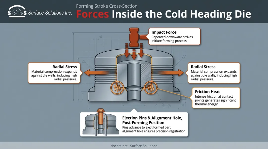 Cold heading die stress diagram showing impact and radial pressure forces