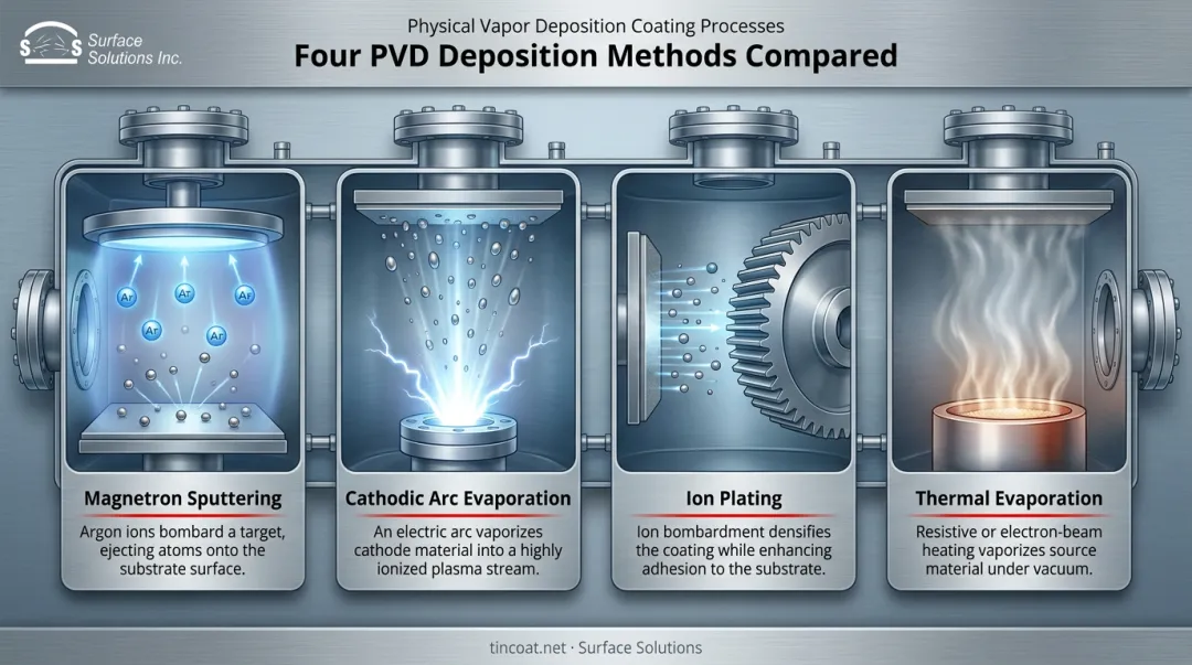 Four PVD deposition methods comparison for cutting tool coating processes