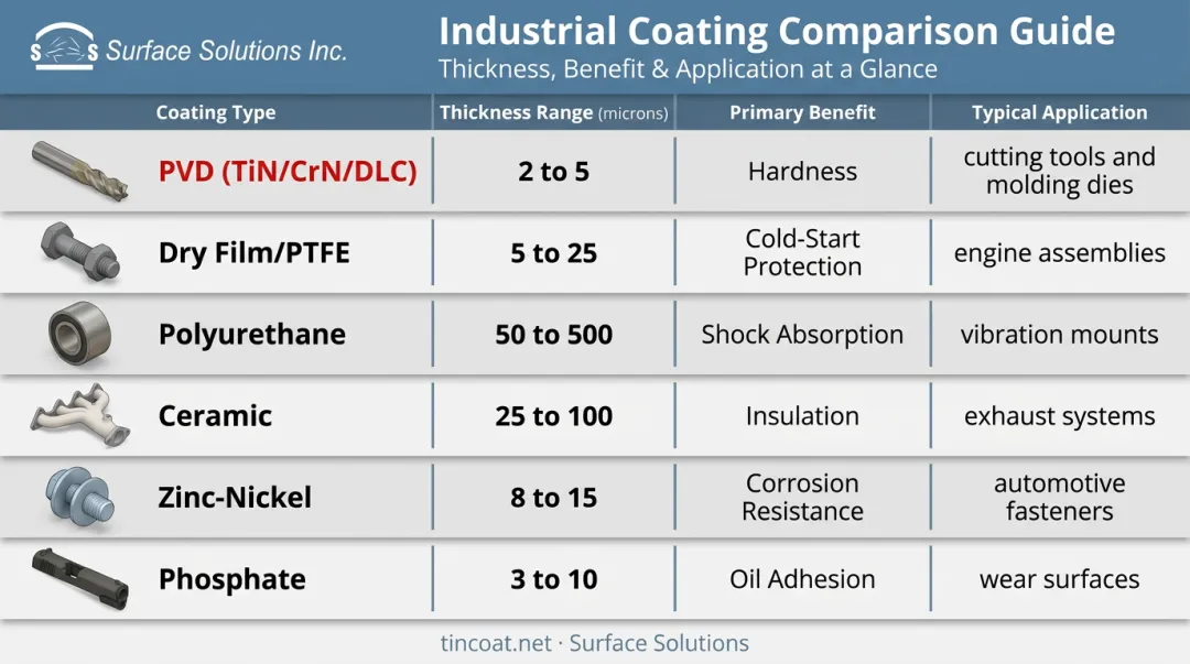 Six types of bearing coatings compared by thickness hardness and application