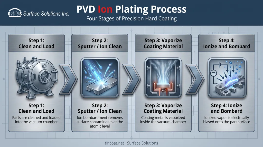 4-step PVD ion plating process flow from cleaning to bombardment