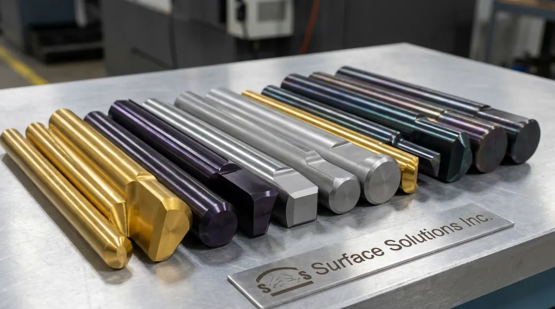 PVD-coated punch tooling showing Alpha and CrN coating surface finish comparison