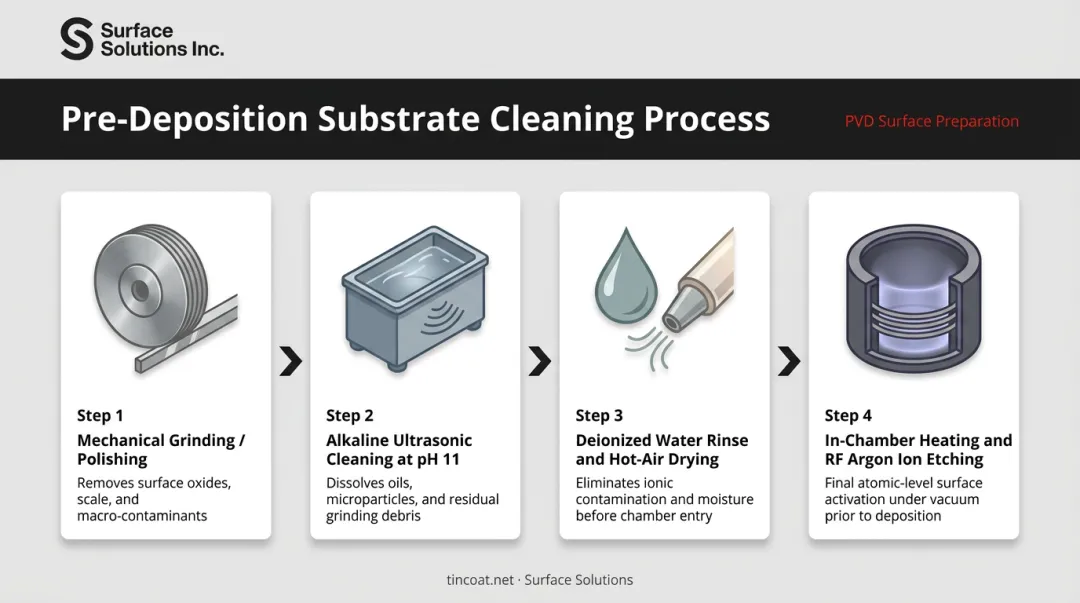 4-step PVD pre-deposition surface cleaning sequence process flow infographic
