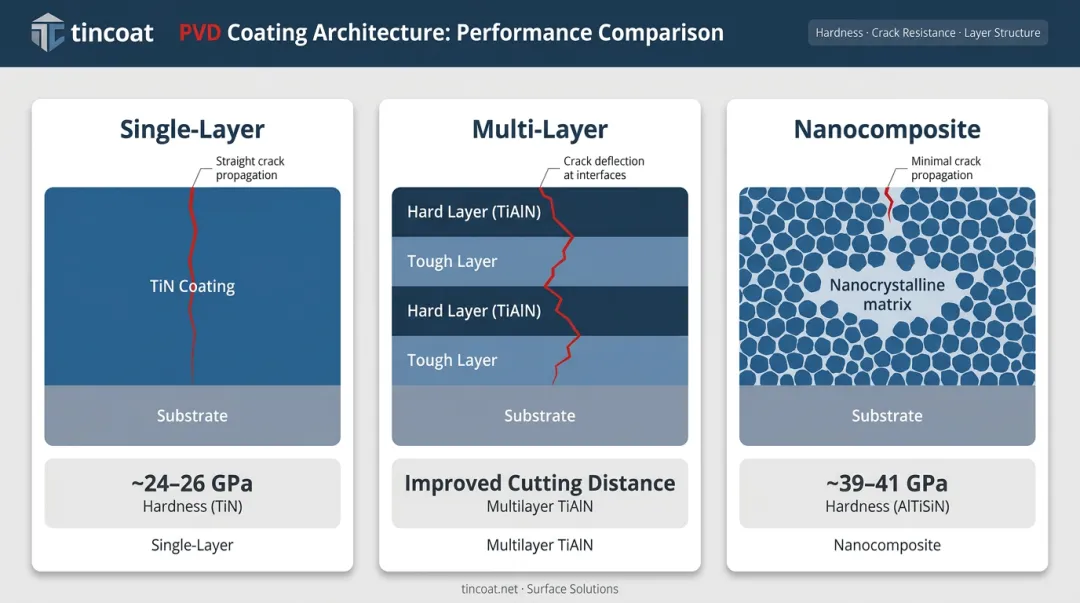 Single-layer versus multi-layer versus nanocomposite PVD coating architecture comparison infographic