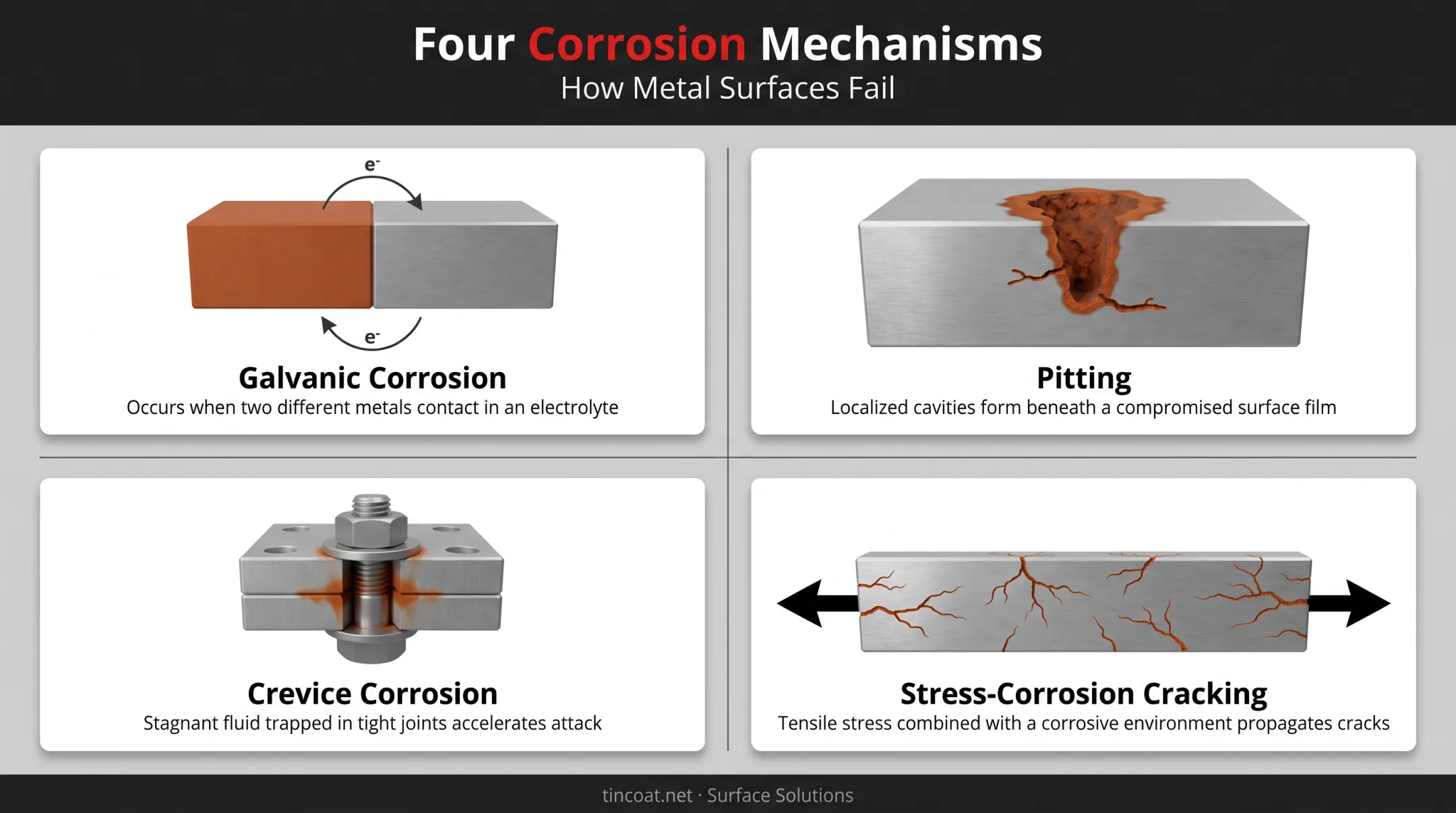 Four common industrial corrosion types diagram with mechanisms explained
