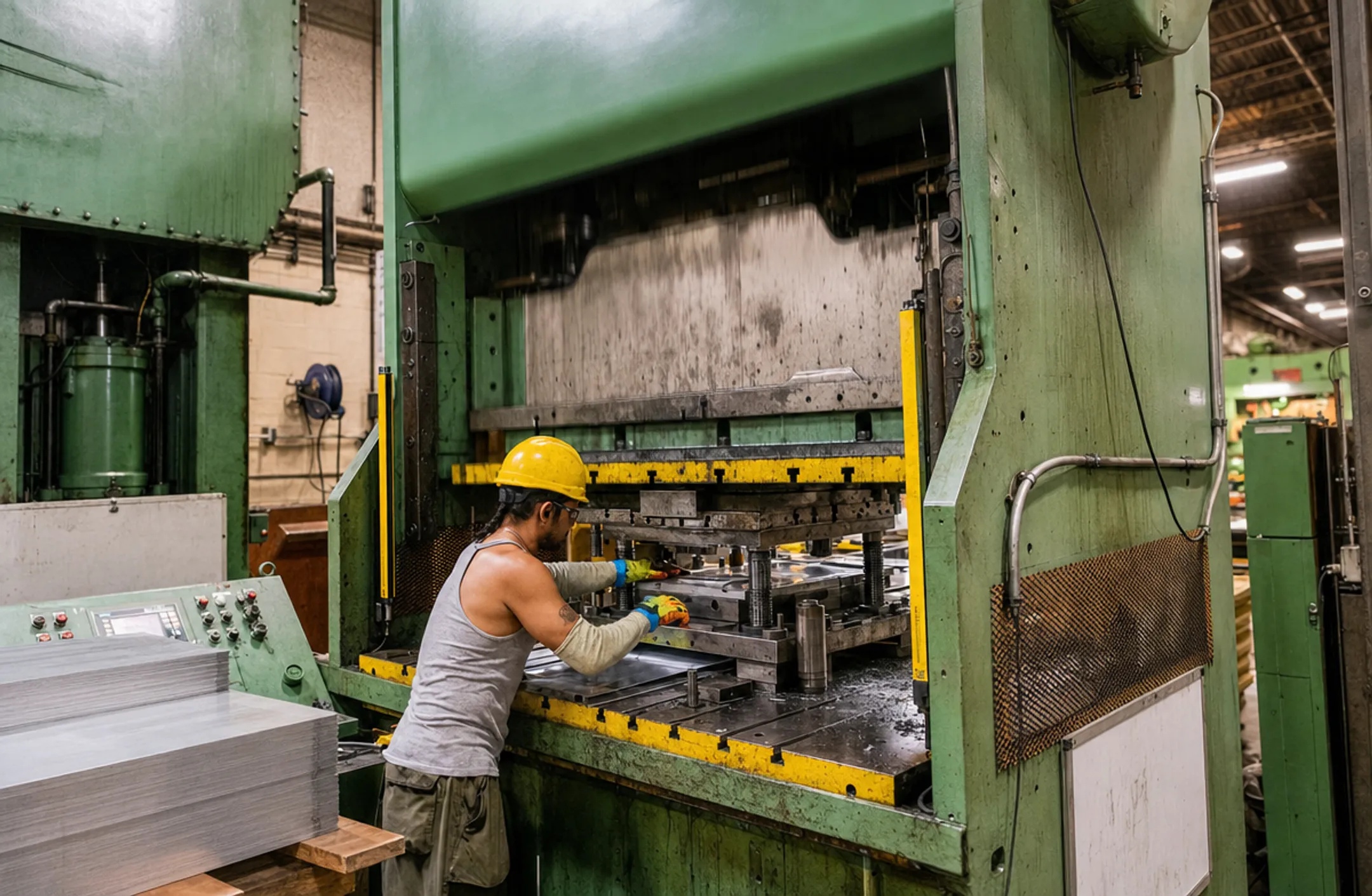 Industrial stamping press with metal punches during high-volume production run