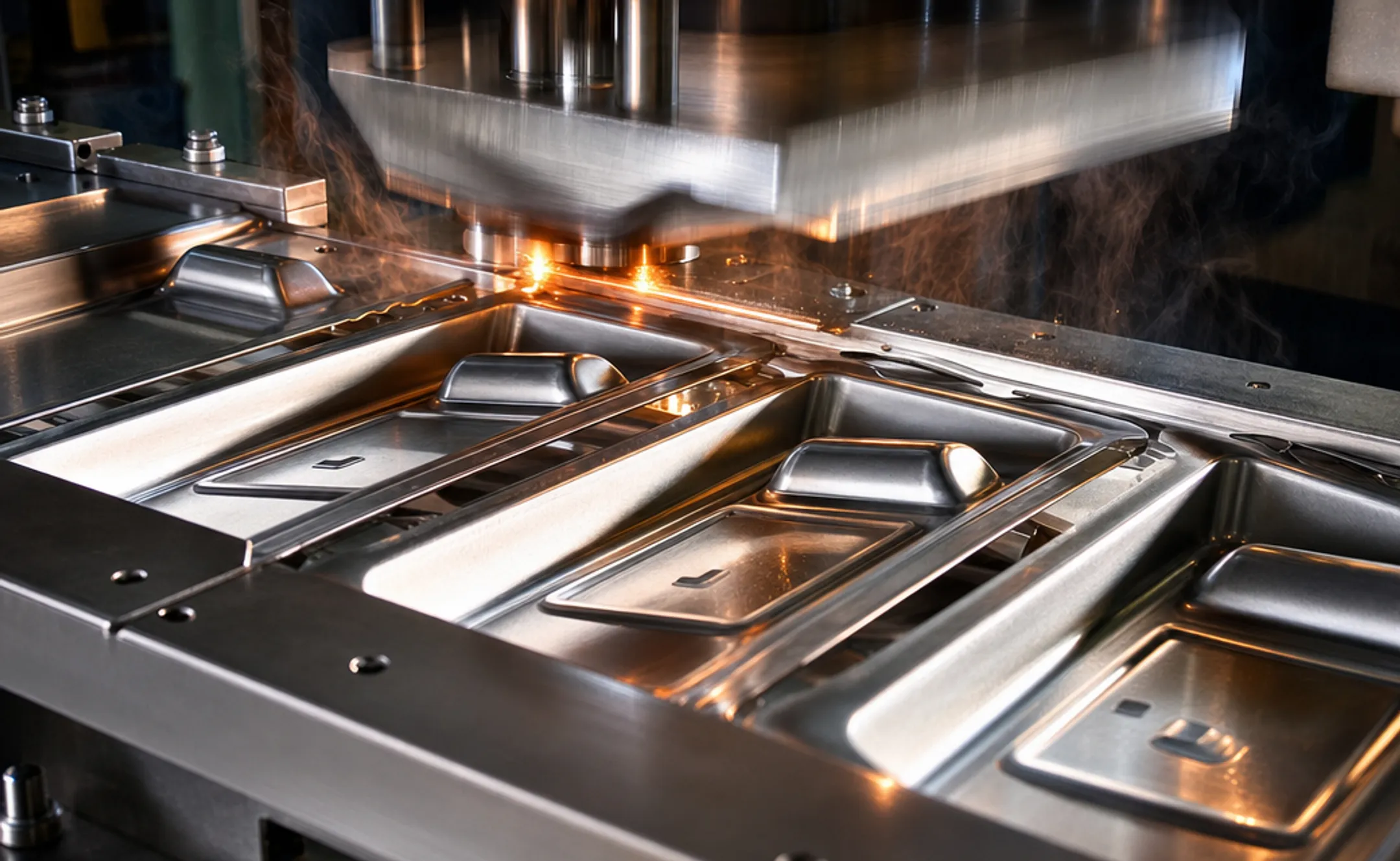 Industrial stamping press forming stainless steel parts with tooling